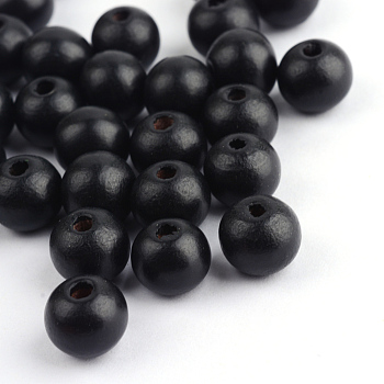 Dyed Natural Wood Beads, Round, Black, 8x7mm, Hole: 3mm, about 6000pcs/1000g
