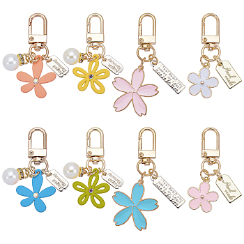 Olycraft 8Pcs 8 Style Alloy & Resin Enamel Pendant Keychains, with Alloy Key Clasps, Flower & Rectangle, Mixed Color, 5.9~7.1cm, 1pc/style