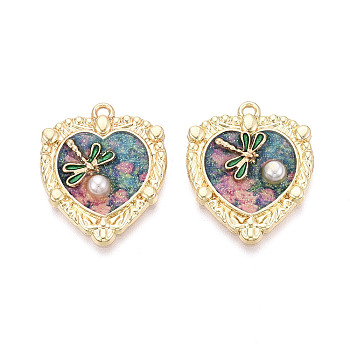 Rack Plating Alloy Enamel and ABS Imitation Pearl and Glitter Powder Pendants, Heart & Dragonfly Charms, Golden, Cadmium Free & Nickel Free & Lead Free, Cadet Blue, 27.5x22.5x4.5mm, Hole: 1.6mm