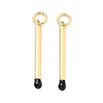 Brass Enamel Pendants, with Jump Rings, Cadmium Free & Lead Free, Matchstick Charms, Real 18K Gold Plated, Black, 26.5mm, Hole: 3.5mm