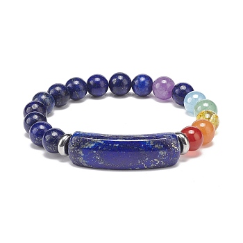 Natural Lapis Lazuli(Dyed) Rectangle & Mixed Stone Beaded Stretch Bracelet, Chakra Yoga Jewelry for Women, Inner Diameter: 2-1/8 inch(5.5cm)