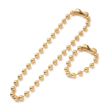 Vacuum Plating 304 Stainless Steel Ball Chain Necklace & Bracelet Set, Jewelry Set with Ball Chain Connecter Clasp for Women, Golden, 8-5/8 inch(22~56cm), Beads: 10mm