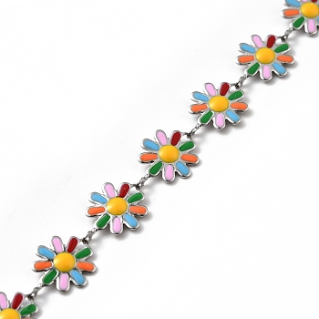 304 Stainless Steel Flower Link Chains, with Enamel, Soldered, with Spool, Colorful, 10x1~2mm