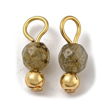 Natural Labradorite Faceted Round Charms, with Golden Tone Brass Beads and 304 Stainless Steel Loops, 12x4mm, Hole: 2.5mm