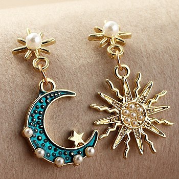 Enamel Moon & Sun Asymmetrical Earrings with Plastic Pearl Beaded, Golden Alloy Dangle Stud Earrings for Women, Turquoise, 35~36mm