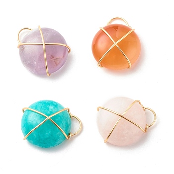 Natural & Synthetic Gemstone Pendants, with Real 18K Gold Plated Copper Wire Wrapped, Flat Round, Mixed Color, 23.5x20x10mm, Hole: 6.8x4mm