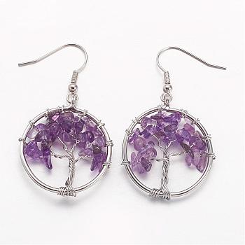 Dangle Earrings, with Natural Amethyst Beads and Brass Hooks, Ring with Tree of Life, 50mm, Pin: 0.6mm