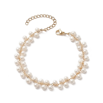 Shell Pearl Round Beaded Charm Bracelet, Golden Brass Jewelry for Women, White, 7-1/4 inch(18.5cm)