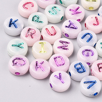 Luminous Acrylic Beads, Glow in the Dark, Horizontal Hole, Flat Round with Random Letters, Mixed Color, 10x4.5mm, Hole: 2mm