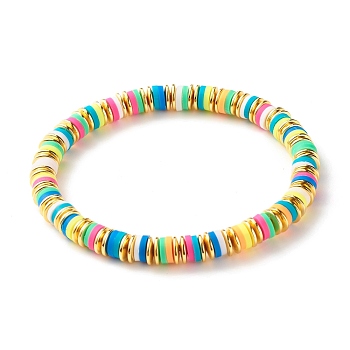 Handmade Polymer Clay Heishi Beads Stretch Bracelet, Surfering Bracelet with Synthetic Hematite Beads for Girl Women, Colorful, Inner Diameter: 2-1/4 inch(5.6cm)