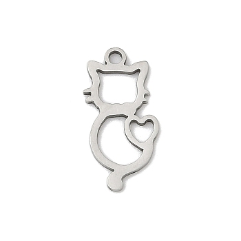 201 Stainless Steel Pendants, Cat Shape Charms, Stainless Steel Color, 17.5x9x1mm, Hole: 1.4mm