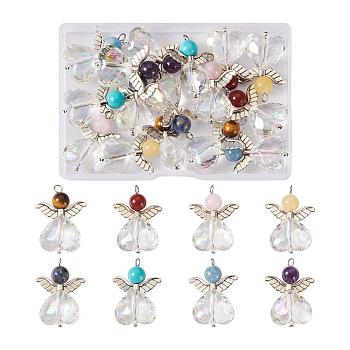 16Pcs 8 Styles Natural & Synthetic Mixed Gemstone AB Color Acrylic Pendants, Angel Charm, with Alloy & Brass & 304 Stainless Steel Findings, Mixed Dyed and Undyed, 34~35x23.5x11mm, Hole: 2.5mm, 2pcs/style