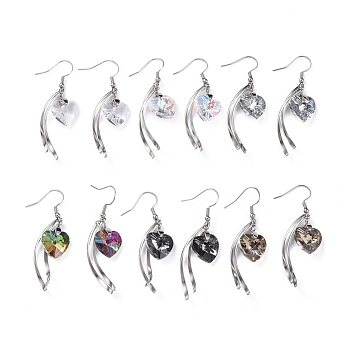 Dangle Earrings, with Heart Electroplated Glass Pendants, Stainless Steel Twist Shape Pendants, Earring Hooks and Ice Pick Pinch Bails, Mixed Color, 59mm, Pendant: 40x18x8mm, Pin: 0.7mm