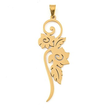 304 Stainless Steel Pendants, Laser Cut, Vine Charm, Real 18K Gold Plated, 45x17x1mm, Hole: 6x3mm