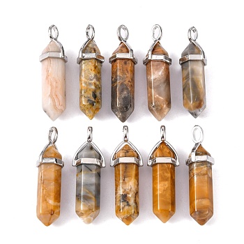 Natural Crazy Agate Pendants, with Platinum Tone Brass Findings, Bullet, 39.5x12x11.5mm, Hole: 4.5x2.8mm