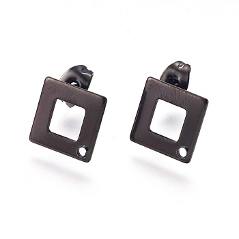 304 Stainless Steel Stud Earring Findings, Square/Rhombus, Electrophoresis Black, 13.5x13.5x0.8mm, Hole: 1mm, Pin: 0.7mm
