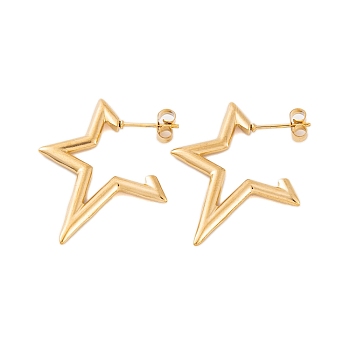 Ion Plating(IP) 304 Stainless Steel Half Hoop Stud Earrings for Women, Star, Real 18K Gold Plated, 26x2mm