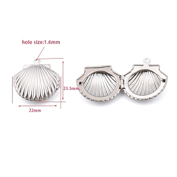 Stainless Steel Locket Pendants, Shell Shape Charm, Stainless Steel Color, 23.5x22mm, Hole: 1.6mm