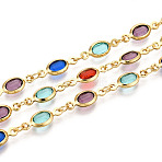 Brass Oval Link Chains, with Glass, Soldered, with Spool, Long-Lasting Plated, Golden, Mixed Color, 13.5x5x2~2.5mm, about 32.81 Feet(10m)/Roll(CHC-N023-04E-G)