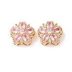 Brass Micro Pave Cubic Zirconia Beads, with Glass, Flower, Nickel Free, Real 18K Gold Plated, Pearl Pink, 16.5x7.5mm, Hole: 1.4mm(KK-A284-19G-03)