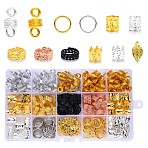 DIY Hair Braid Accessories, with Aluminum Dreadlock Beads, Plated Iron Hair Coil Cuffs, Iron Jump Rings, Tibetan Style Alloy Pendants and Bead Container, Mixed Color, 17.4x10x2.15cm, about 227pcs/box(DIY-YW0001-46)