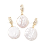 Natural Baroque Keshi Pearl Pendants, Button Pearl Coin Charms with Brass Micro Pave Clear Cubic Zirconia Bails, White, Golden, 28.5mm, Hole: 6mm, Pendant: 19~20x15x4~5mm(PALLOY-JF05494)
