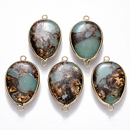 Assembled Bronzite and Synthetic Aqua Terra Jasper Links connectors, with Golden Plated Brass Settings and Iron Loops, Teardrop, Pale Turquoise, 40.5~41x23~24x6~7mm, Hole: 2mm(G-R457-09)