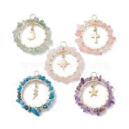 Natural & Synthetic Mixed Gemstone Chip Pendants, Ring Charms with Real 18K Gold Plated Brass Cross/Star/ Lightning Bolt/Moon, 36~37x31~33x6~7mm, Hole: 3.5~4mm(PALLOY-JF02574)