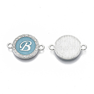 Alloy Enamel Links Connectors, with Crystal Rhinestones, Flat Round with Letter, Silver Color Plated, Letter.B, 22x16x2mm, Hole: 1.8mm(ENAM-TAC0003-01S-06B)