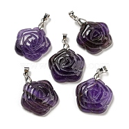 Natural Amethyst Carved Pendants, Flower Charms with Rack Plating Platinum Plated Brass Pinch Bails, 30x22.5x7.5mm, Hole: 4.5x4mm(G-I319-02P-A07)