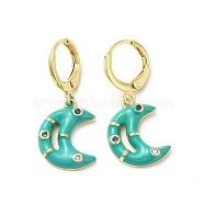 Crescent Moon Real 18K Gold Plated Brass Dangle Leverback Earrings, with Enamel and Cubic Zirconia, Turquoise, 29.5x13mm(EJEW-L268-031G-04)