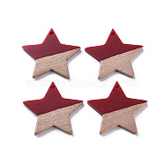 Opaque Resin & Walnut Wood Pendants, Two Tone, Star, FireBrick, 26x28.5x3mm, Hole: 1.8mm(RESI-T035-39E)