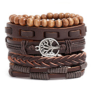 5Pcs 5 Style PU Leather Cord Bracelets Set, Tree of Life Alloy Links & Wood Beaded Stackable Bracelets, Saddle Brown, Inner Diameter: 2-1/2 inch(6.5cm), 1Pc/style(PW-WG34135-02)