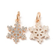 Rack Plating Alloy Crystal Rhinestone Pendants, with Jump Rings, Snowflake Charms, Rose Gold, 20.5x15.5x2mm, Hole: 6mm(PALLOY-P289-54RG)