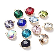 Faceted Glass Pendants, with Ion Plating(IP) Golden 304 Stainless Steel Findings, Mixed Color, Square, 16x13.5x5.5mm, Hole: 1.6mm(STAS-P339-03G)