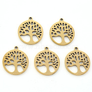 304 Stainless Steel Pendants, Laser Cut, Oval with Tree of Life, Golden, 15.5x14x1mm, Hole: 1.2mm(X-STAS-N092-09G)