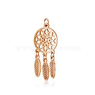 304 Stainless Steel Pendants, with Jump Rings, Polished, Woven Net/Web with Feather, Rose Gold, 32x14x1mm, Hole: 3mm(STAS-T036-T507R)