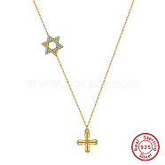 925 Sterling Silver Cable Chain Necklaces, Micro Pave 5A Cubic Zirconia Star Charms, Cross Pendant Necklaces , Real 14K Gold Plated, 14.09 inch(35.8cm)(NJEW-L116-04G)