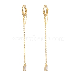 925 Sterling Silver Huggie Hoop Earrings, Cable Chain Tassel Earrings, with Clear Cubic Zirconia, Rectangle, Real 18K Gold Plated, 71mm, Pin: 0.7mm(EJEW-F265-09G)