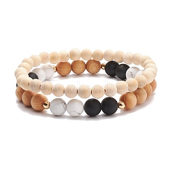 Wood Beaded Stretch Bracelet Sets, with Natural Gemston Beads and Brass Beads, Inner Diameter: 2-1/8 inch(5.4~5.5cm), 2pcs/set(BJEW-JB08348)