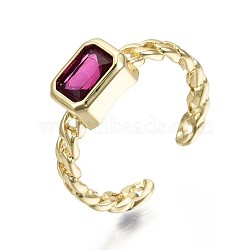 Brass Micro Pave Cubic Zirconia Cuff Rings, Open Rings, Nickel Free, Curb Chain Shape, Rectangle Octagon, Real 16K Gold Plated, Medium Violet Red, US Size 6(16.5mm)(RJEW-S044-119D-NF)