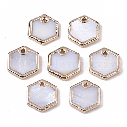 Natural Freshwater Shell Charms, Brass Edge Golden Plated, Hexagon, Seashell Color, 9~10x8~9x1.5~3mm, Hole: 0.7mm(X-SHEL-S276-76)