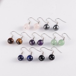 Round 304 Stainless Steel Natural Mixed Stone Dangle Earrings, 35mm, Pin: 0.8mm(EJEW-JE01973)