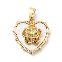 Brass Pave Natural Shell Pendants, Heart with Flower Charms, Real 18K Gold Plated, 17x17x5.5mm, Hole: 5x2mm(KK-F877-06G)