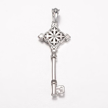 304 Stainless Steel Big Pendants, Key, Antique Silver, 85x33.5x6mm, Hole: 12x8mm
