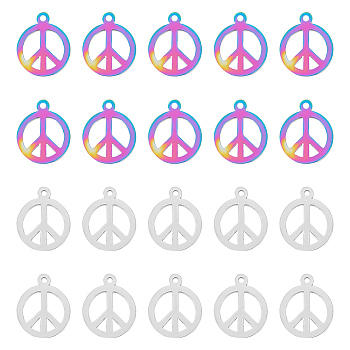 40Pcs 2 Colors 201 Stainless Steel Pendants, Flat Round with Peace Symbol, Mixed Color, 14x11.5x1mm, Hole: 1mm, 20pcs/color