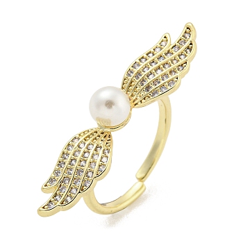 Wing Brass Micro Pave Clear Cubic Zirconia Cuff Rings, with ABS Plastic Pearl, Open Rings for Women, Real 18K Gold Plated, Adjustable