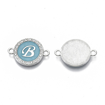 Alloy Enamel Links Connectors, with Crystal Rhinestones, Flat Round with Letter, Silver Color Plated, Letter.B, 22x16x2mm, Hole: 1.8mm