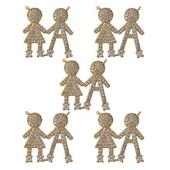 5Pcs Brass Micro Pave Clear Cubic Zirconia Pendants, Nickel Free, Couples, Real 16K Gold Plated, 18.5x18x3mm, Hole: 1mm