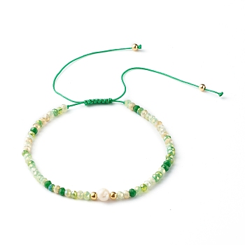 Nylon Thread Braided Bead Bracelets, with Electroplate Glass Beads, Round Imitation Pearl Beads, Green, Inner Diameter: 2-3/8 inch(6.1~11cm)